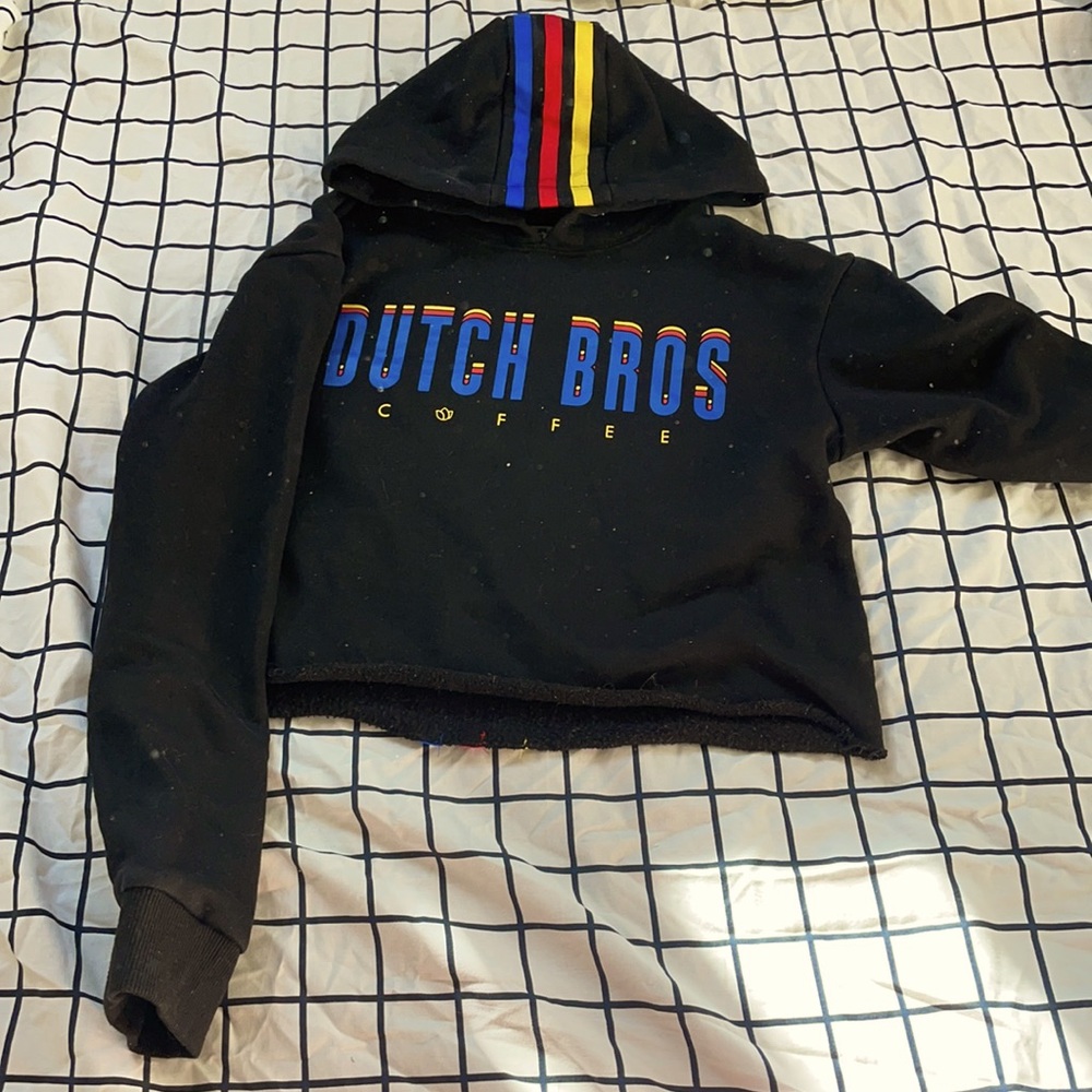 Cropped Dutch Bros hoodie, line work with brand colors down hood and back